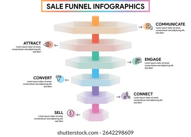 Diagrama de funil de 6 fases no estilo glassmorfismo. Forma Hexágono com Cilindro Pipeline Infographic Template Illustration for Business Report.