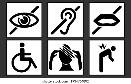 6 pictograms representing different disabilities - blind, deaf, disabled, mentally handicapped, back pain. 