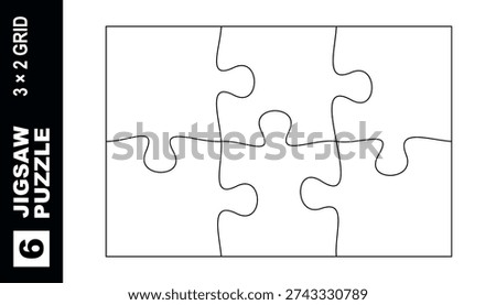 6 piece jigsaw puzzle template 3x2 grid rectangle vector layout isolated on white background clean outline design for print cutting mockup presentation infographic business teamwork concept editable pattern