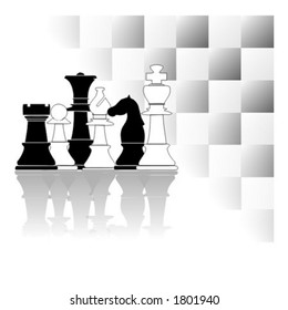 6 pieces of chess and chessboard with reflection in white background