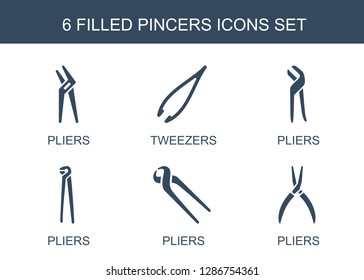 6 pincers icons. Trendy pincers icons white background. Included filled icons such as pliers, tweezers. pincers icon for web and mobile.