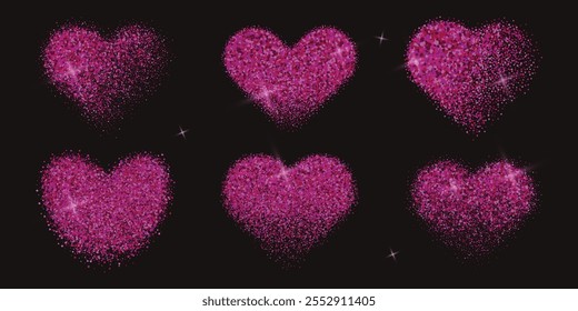 6 pink glitter shimmer hearts isolated on a black background. Sparkle symbols of love and romance. Vector luxury design element. Sequin texture. Valentine's Day template
