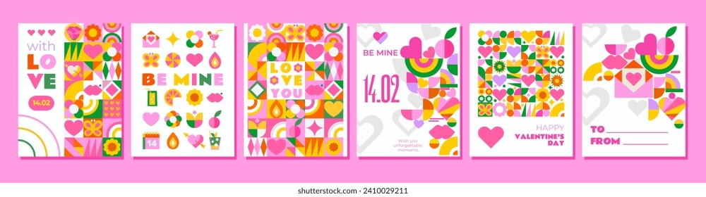 6 pink templates to celebrate Valentine's Day. They have a bright and cute mosaic design, perfect for creating greetings, invitations, cards, advertising and other creative projects.