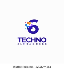 6 Pixel Number Logo Design Template, Pixel Technology logo symbol concept