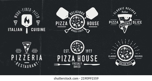 6 Pizza logo, emblems, posters for pizzeria and bakery. Pizza logos with pizza, chef, oven, fire icons. Pizza, Bakery and Restaurant emblems templates. Grunge texture. Vector illustration