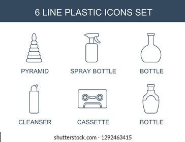 6 Plastic Icons. Trendy Plastic Icons White Background. Included Line Icons Such As Pyramid, Spray Bottle, Bottle, Cleanser, Cassette. Plastic Icon For Web And Mobile.