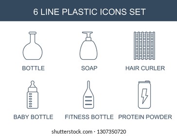 6 plastic icons. Trendy plastic icons white background. Included line icons such as bottle, soap, hair curler, baby bottle, fitness bottle, protein powder. plastic icon for web and mobile.