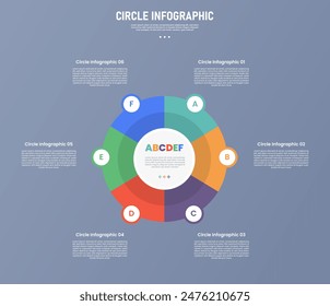 Plantilla de infografía de círculo de 6 puntos o etapa con forma de círculo grande en el centro con insignia de círculo Pequeño para Vector de presentación de diapositivas