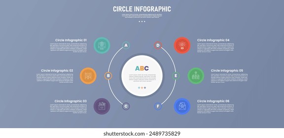 6 point circle infographic stage or step template with circle center and others half circle line connection for slide presentation vector