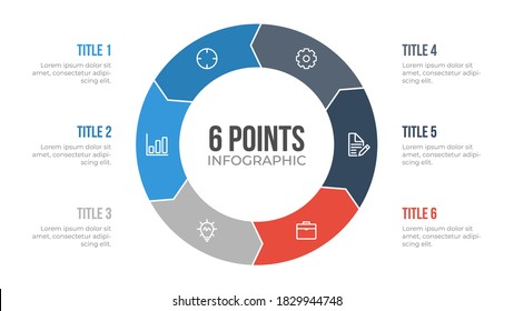 6 points circle infographic element vector with arrows, can be used for workflow, steps, options, list, processes, presentation slide, report, etc.