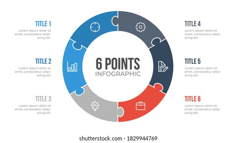 6 points circle infographic element vector with puzzle, can be used for workflow, steps, options, list, processes, presentation slide, report, etc.