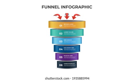 6 points of funnel diagram with arrows, stages and steps infographic template element vector.
