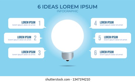 6 points of idea, infographic element vector with white lamp turns on illustration.