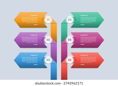 6 points infographic with glossy gradient style with big arrow box container line connection spreading left and right direction with six segment information vector