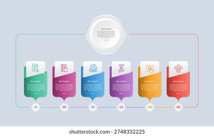 6 points infographic with glossy gradient style with creative folder box with circle badge timeline connected with six segment information vector