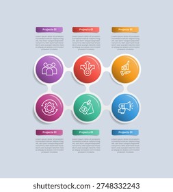 6 points infographic with glossy gradient style with big circle combination on liquid connection on symmetric simple structure with six segment information vector