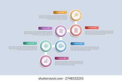 6 points infographic with glossy gradient style with circle combination on growth ladder stacked up with opposite content with six segment information vector