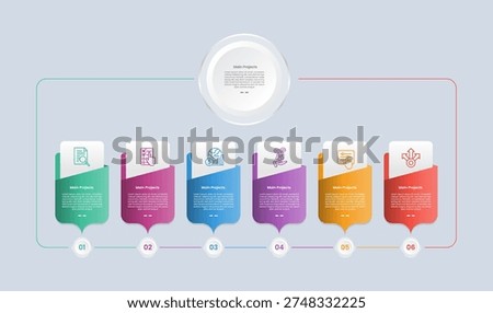 6 points infographic with glossy gradient style with creative folder box with circle badge timeline connected with six segment information vector