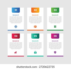 6 points infographic with gradient style with table box container with square badge on top with 6 elements stages vector