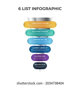 6 points, layers, options, step of list infographic element with funnel or pyramid chart diagram