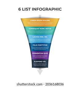 6 points, layers, options, step of list infographic element with funnel chart diagram