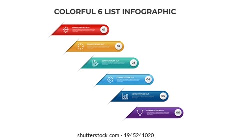 6 Punkte Listendiagrammlayout, bunter Infografik-Elementvorlage, Vektorgrafik