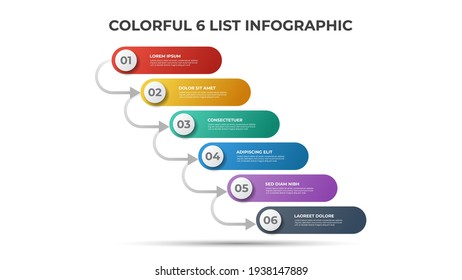 6 points of list or steps diagram with arrows, infographic element template vector.