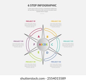 6 points template infographic outline style with 6 point step template with symmetric circular cycle and sharp star shape for slide presentation vector