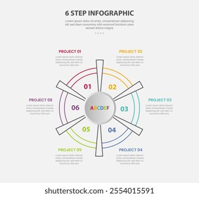 6 points template infographic outline style with 6 point step template with circular cycle and circle badge on center for slide presentation vector