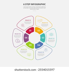6 points template infographic outline style with 6 point step template with creative circle pie chart style on circular cycle base for slide presentation vector