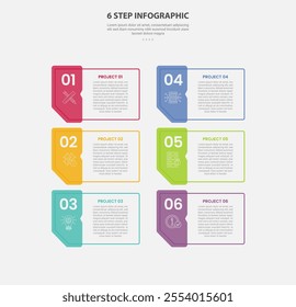 6 points template infographic outline style with 6 point step template with creative folder box table with vertical structure stack for slide presentation vector