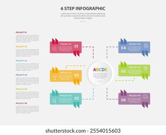 6 points template infographic outline style with 6 point step template with rectangle box connected with circle and vertical description for slide presentation vector