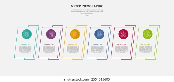 6 points template infographic outline style with 6 point step template with skew rectangle shape with circle badge on horizontal direction for slide presentation vector