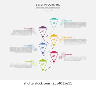 6 points template infographic outline style with 6 point step template with vertical timeline structure with dotted line connected for slide presentation vector