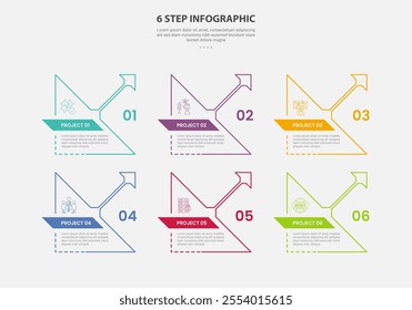 6 points template infographic outline style with 6 point step template with big triangle arrow shape structure for slide presentation vector