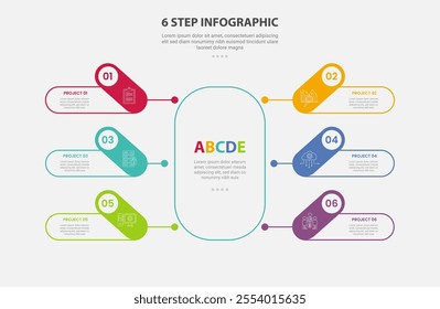 6 points template infographic outline style with 6 point step template with round rectangle base center and line connection for slide presentation vector