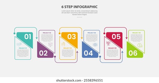 6 points template infographic outline style with 6 point step template with creative slice table shape with up and down on horizontal direction for slide presentation vector