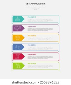 6 points template infographic outline style with 6 point step template with creative rectangle box on vertical stack structure for slide presentation vector