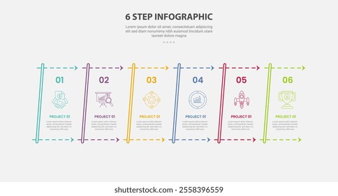 6 points template infographic outline style with 6 point step template with skew table with dotted arrow line for slide presentation vector