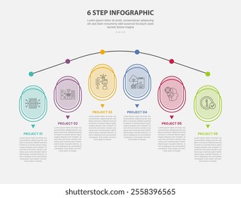 6 points template infographic outline style with 6 point step template with round rectangle vertical on round timeline curve horizontal for slide presentation vector