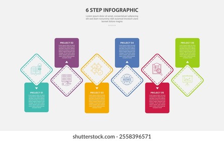 6 points template infographic outline style with 6 point step template with diamond shape on round rectangle up and down for slide presentation vector