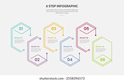 6 points template infographic outline style with 6 point step template with hexagon connected with arrow direction up and down for slide presentation vector