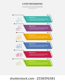 6 points template infographic outline style with 6 point step template with creative open box container with arrow line on vertical stack structure for slide presentation vector