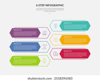 6 points template infographic outline style with 6 point step template with long hexagon shape opposite direction for slide presentation vector