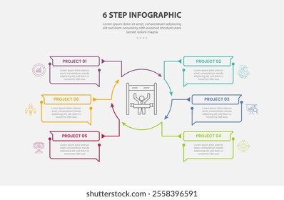 6 points template infographic outline style with 6 point step template with big circle cycle circular and connected line for description around for slide presentation vector