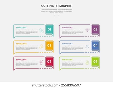 6 points template infographic outline style with 6 point step template with rectangle box container with callout discussion badge for slide presentation vector