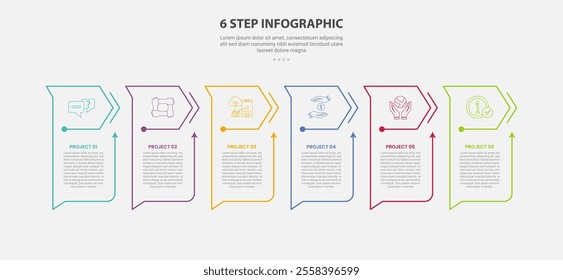 6 points template infographic outline style with 6 point step template with creative table with arrow header style for slide presentation vector