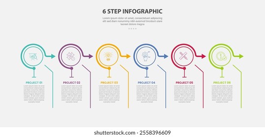 6 points template infographic outline style with 6 point step template with creative table with small divider and circle arrow header for slide presentation vector
