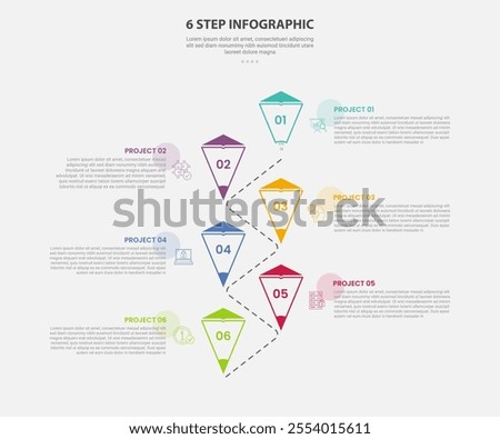 6 points template infographic outline style with 6 point step template with vertical timeline structure with dotted line connected for slide presentation vector