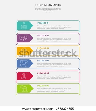 6 points template infographic outline style with 6 point step template with creative rectangle box on vertical stack structure for slide presentation vector